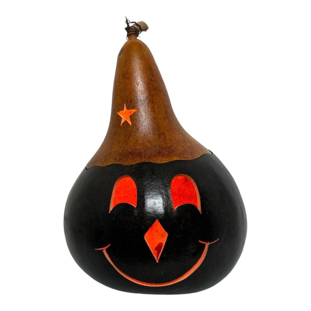 Vintage Gourd Lighted Orange & Black Pumpkin Halloween Hand Carved Folk Art Fall